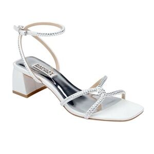 BADGLEY MISCHKA BRISA WHITE CRYSTAL OPEN TOE BRIDAL SANDAL ANKLE WRAP HEEL